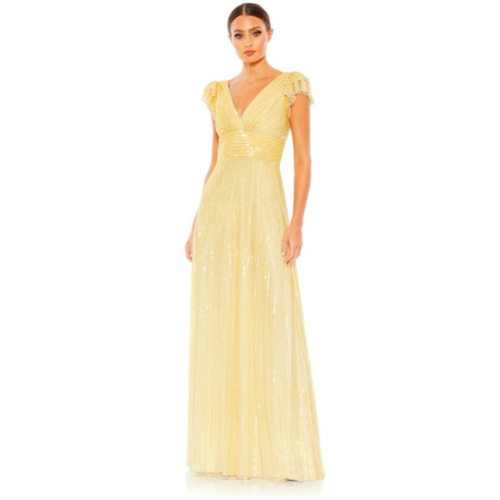 NWT Mac Duggal 5646 Yellow Sequin V-neck Maxi Gown with Flutter Sleeves - Size 2
